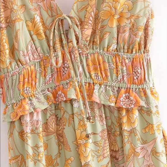 Butterfly Gardens Muted Greens Boho A Line Sleeveless Brunch Maxi Dress, Gown - Picture 14 of 16